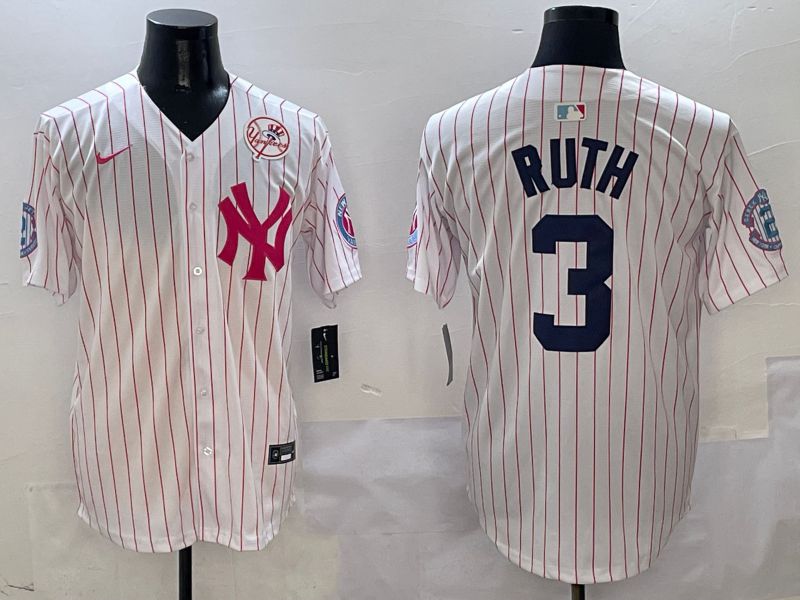 Men New York Yankees #3 Ruth White Stripe Jointly Name Nike 2025 MLB Jersey style 5